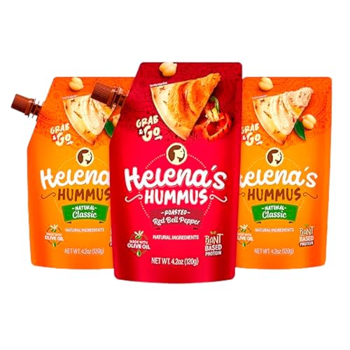 Helena Hummus (3-pack), Shelf-Stable, No Added Preservatives, 2 Natural Classic 4.23 oz and 1 Roasted Bell Pepper Hummus To-Go, 4.23 oz (1 Tripack) - Image 1