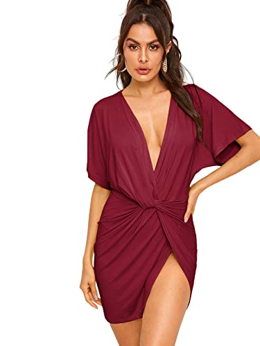 Floerns Women's Deep V Neck Twisted Plunging High Slit Mini Party Dress Burgundy M - Image 1