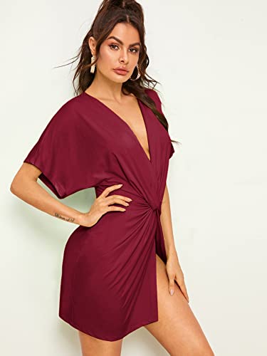 Floerns Women's Deep V Neck Twisted Plunging High Slit Mini Party Dress Burgundy M - Image 3
