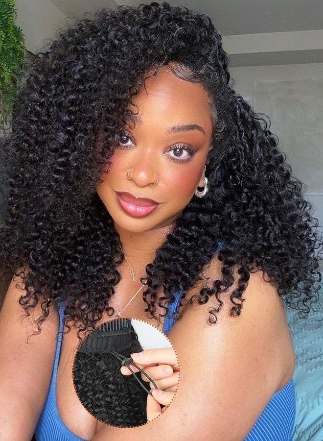 Domiso Curly V Part Wigs Human Hair Drawstring Kinky Curly V Part Wigs No Sew in No Glue All Size Fit 180% Density Natural Color 16 Inch - Image 1
