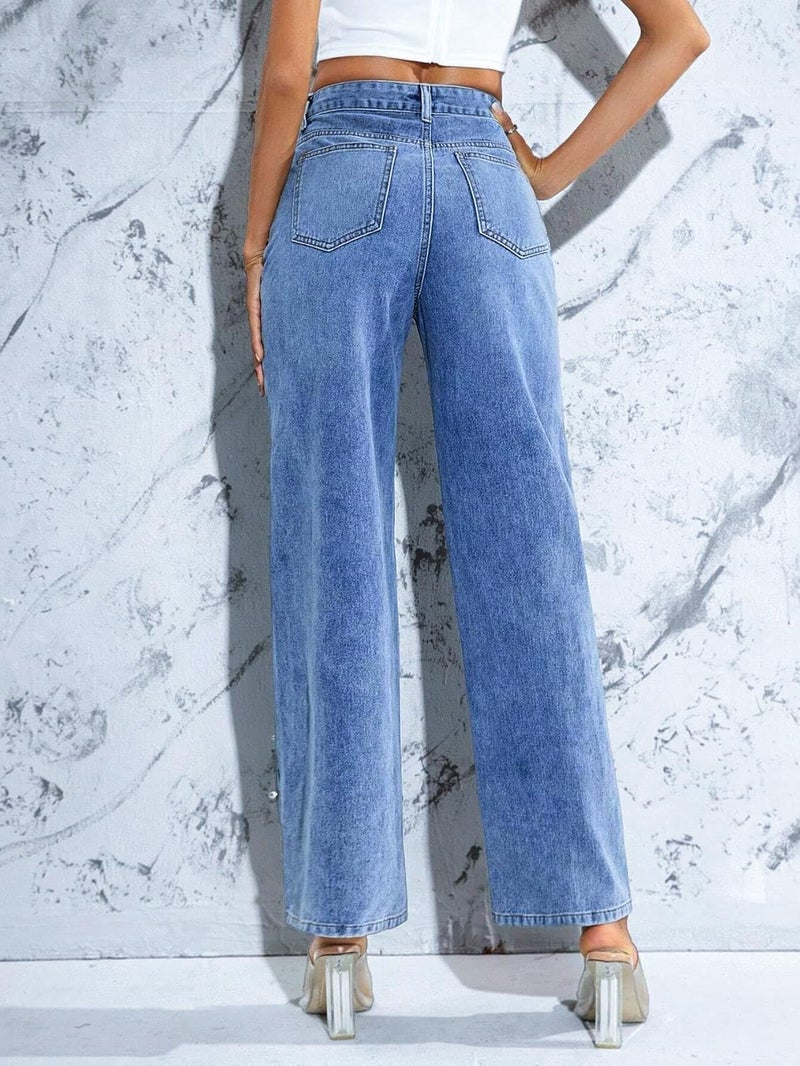 LifeShe Pearl Jeans for Women High Waisted Straight Wide Leg Denim Pants Casual Baggy Boyfriend Trousers Dark Blue - Image 2