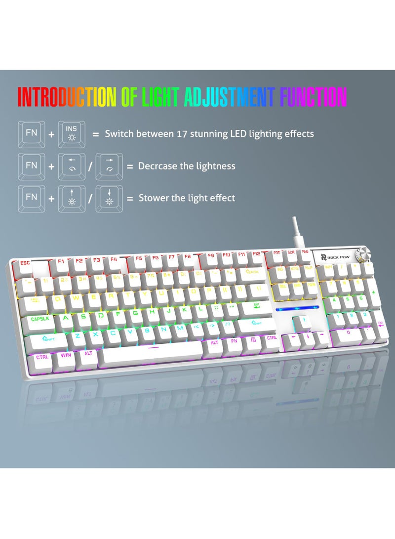Rock Pow ROCK POW Wired Gaming Keyboard English 104 Keys Mechanical Keyboard with RGB Backlit 19 Modes, Media Control Knob, PBT Keycaps for PC Gaming and Working (Red Switch)  - Image 4