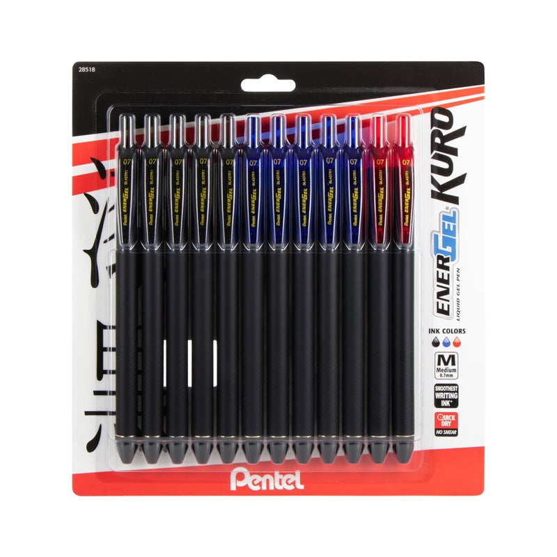 Pentel EnerGel Kuro Liquid Gel Pen, 0.7mm, Medium line, Assorted Ink, 12-Pk (BL437R1BP12M1) - Image 1