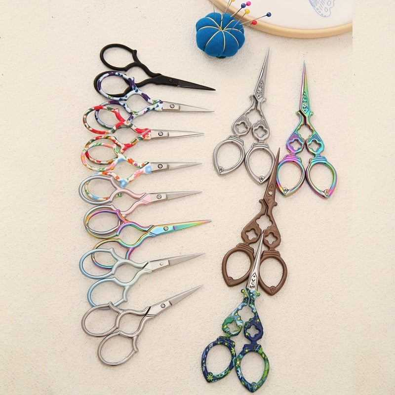 Stainless Steel Sewing Embroidery Scissors Small Retro Sharp Pointed Craft Artwork Needle Thread Handicraft DIY Tools Wire Cutter Household Office Stationery Model A Yellow Flower Model B Blue And White Piled Flowers Pack Of 2 - Image 1