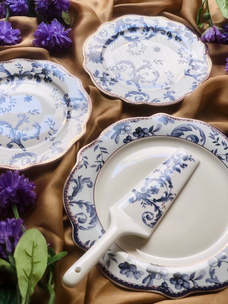 Vigneto | Midnight Blue Snack Set (1 Serving Plate, 6 Quarter Plates, 1 Server) | Finest Premium Porcelain | Luxury Floral Tableware - Image 1