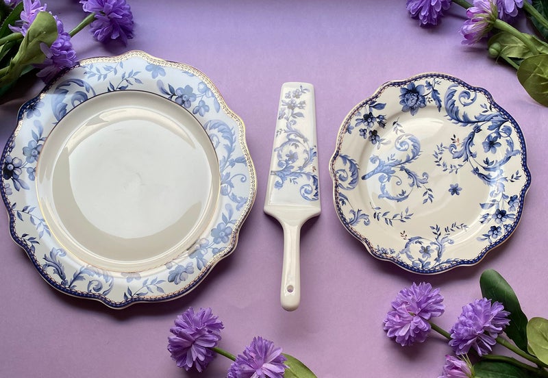 Vigneto | Midnight Blue Snack Set (1 Serving Plate, 6 Quarter Plates, 1 Server) | Finest Premium Porcelain | Luxury Floral Tableware - Image 3