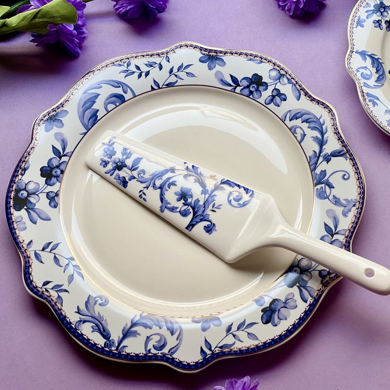 Vigneto | Midnight Blue Snack Set (1 Serving Plate, 6 Quarter Plates, 1 Server) | Finest Premium Porcelain | Luxury Floral Tableware - Image 2