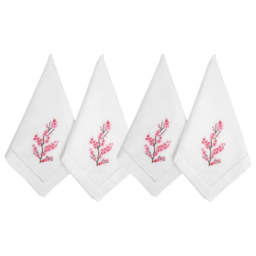 HCRAFT Embroidered Cotton Table Napkins Cloth Napkins Set of 4 18x18 Cherry Blossom Napkin Square Fabric Dining Room Napkins Cloth Machine Washable Pink Cotton Cloth Napkins Great Present Ideas - Image 1
