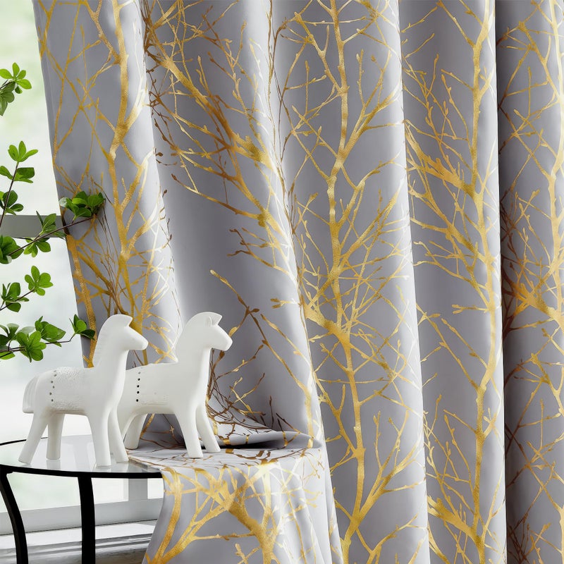 Fmfunctex Grey Gold Blackout Curtains for Bedroom 72 inch Drop Eyelet Curtains for Living Room Tree Branch Foil Thermal Insulated Window Curtain Panels 2 Panels