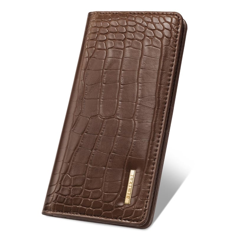 Simikol Wallet Women Bifold Faux Crocodile Leather Minimalist Slim Thin Long Wallets RFID Blocking Credit Cards Holder Purse with Back Zipper Coin Pocket for Women and Men,Coffee - Image 1