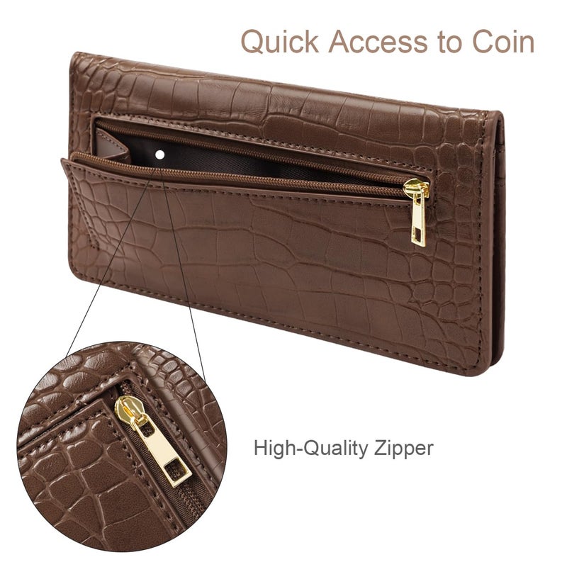Simikol Wallet Women Bifold Faux Crocodile Leather Minimalist Slim Thin Long Wallets RFID Blocking Credit Cards Holder Purse with Back Zipper Coin Pocket for Women and Men,Coffee - Image 5