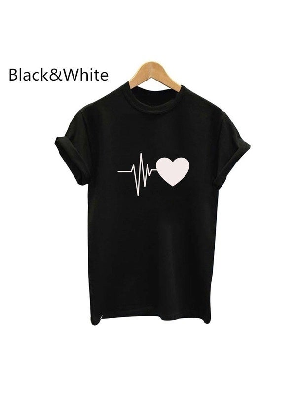 Generic - New Cartoon Print Womens Love Heart Tee black white heart - Image 1