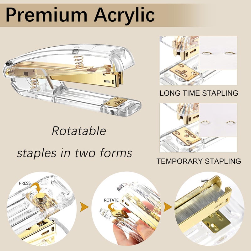 Dimonluce Gold Desk Accessories, Office Desk Organizers and Accessories 360Â°Pen Holder Acrylic Stapler Set, Phone Holder, Ballpoint Pen, Scissor, Binder Clips, Ruler, Transparent Glue, Sticky Note and Staples. - Image 3