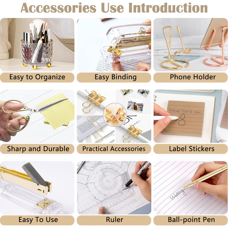 Dimonluce Gold Desk Accessories, Office Desk Organizers and Accessories 360Â°Pen Holder Acrylic Stapler Set, Phone Holder, Ballpoint Pen, Scissor, Binder Clips, Ruler, Transparent Glue, Sticky Note and Staples. - Image 5