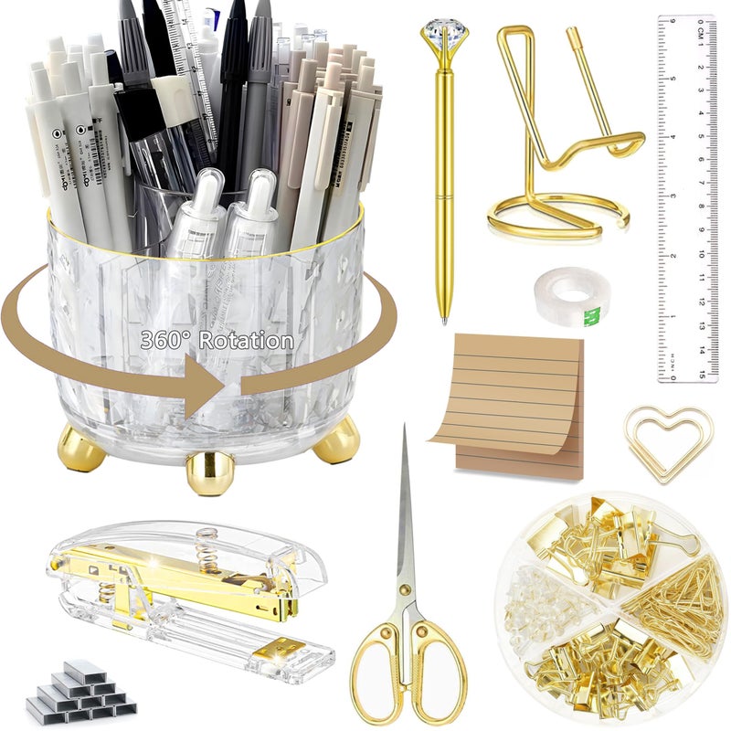 Dimonluce Gold Desk Accessories, Office Desk Organizers and Accessories 360Â°Pen Holder Acrylic Stapler Set, Phone Holder, Ballpoint Pen, Scissor, Binder Clips, Ruler, Transparent Glue, Sticky Note and Staples. - Image 1