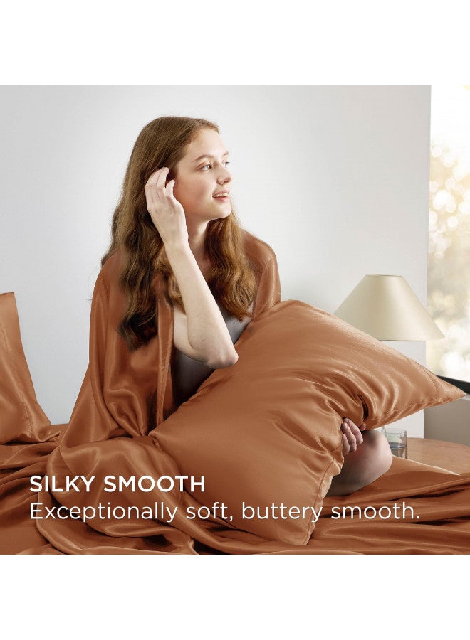 Bedsure Bedsure Satin Sheets - Soft Full Sheet Set, 4 Pcs Full Bed Sheets, Similar to Silk Sheets, Bed Sheets Full Size for Hair and Skin, Gifts for Women (Burnt Orange, Full)  - Image 2