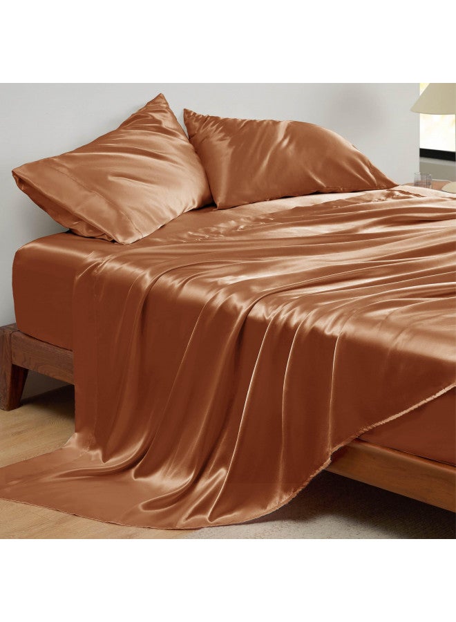 Bedsure Bedsure Satin Sheets - Soft Full Sheet Set, 4 Pcs Full Bed Sheets, Similar to Silk Sheets, Bed Sheets Full Size for Hair and Skin, Gifts for Women (Burnt Orange, Full)  - Image 1