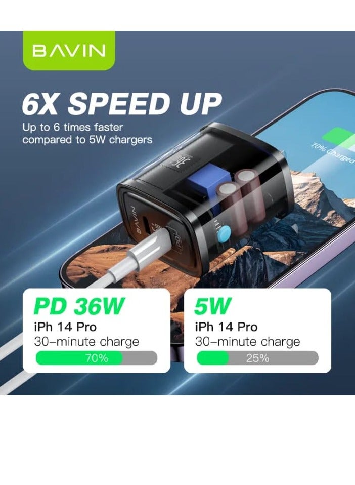 Bavin PC872E Transparent Dual Port QC and PD Home Charger Fast Charging 36W Black - Image 2