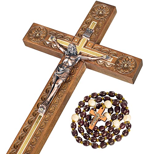 Asterom Hand Carved Crucifix Wall Cross for Home Decor - Wooden Catholic Wall Crucifix - 12 Inch - Image 1