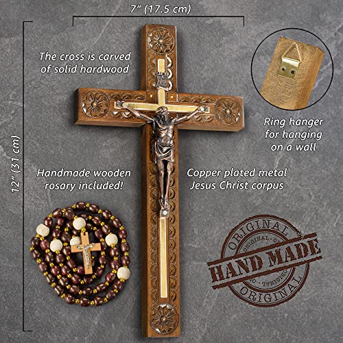 Asterom Hand Carved Crucifix Wall Cross for Home Decor - Wooden Catholic Wall Crucifix - 12 Inch - Image 3
