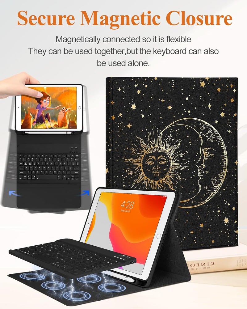Wazzasoft for iPad 9th/8th/7th/Air 3rd Generation/Pro 10.5 Inch Case Keyboard Pencil Holder Folio Tablet Cover Women Girls Cute Girly Teens Kawaii Sun and Moon Unique Design for Apple 10.2 & 10.5 Inch - Image 4
