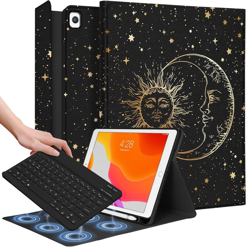Wazzasoft for iPad 9th/8th/7th/Air 3rd Generation/Pro 10.5 Inch Case Keyboard Pencil Holder Folio Tablet Cover Women Girls Cute Girly Teens Kawaii Sun and Moon Unique Design for Apple 10.2 & 10.5 Inch - Image 1