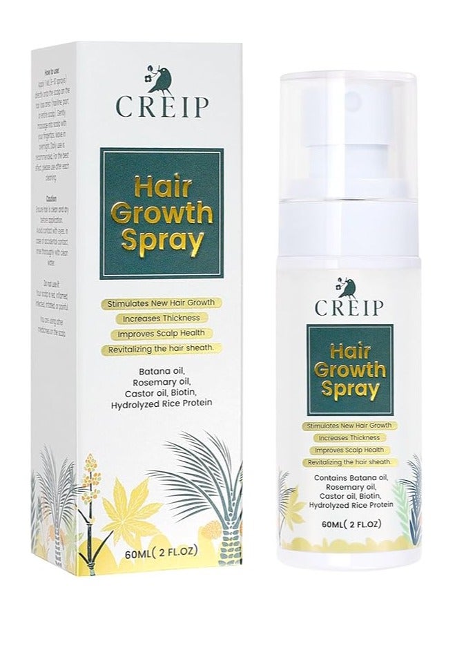 Creip Hair Growth Serum Spray Treatment: Natural formula with Batana Oil Castor Oil Rosemary Oil Rice Water and Biotin - Nurturing Scalp, Effective Hair Thickening for Women and Men 2 FL OZ - Image 1