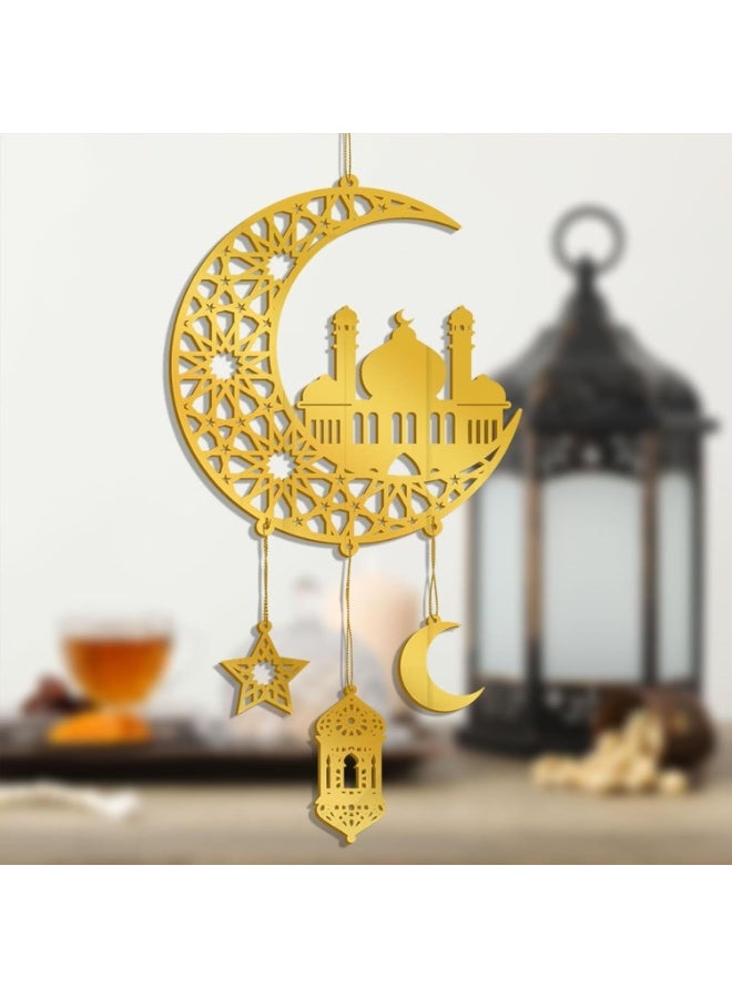 فانوس معلق ذهبي اللون على شكل هلال ونجمة، مصنوع من الأكريليك، قطعة واحدة، لعيد مبارك - زينة إسلامية معلقة لرمضان كريم - Image 2
