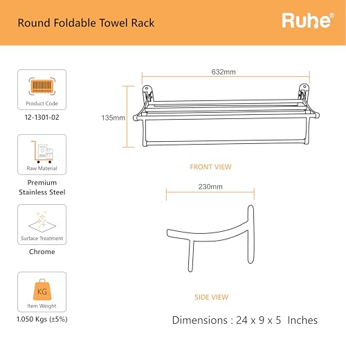 Ruhe® Round Towel Rack - 24 Inches, Premium Grade Stainless Steel Foldable Towel Holder/Towel Rack/Towel Stand, Bathroom and Kitchen Accessories - Image 2