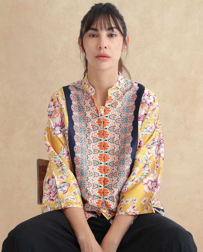 Rareism Rareism Women Falke Yellow Polyester Fabric 3/4Th Sleeves Button Closure Mandarin Collar Kimono Sleeve Regular Fit Floral Print Knee Top