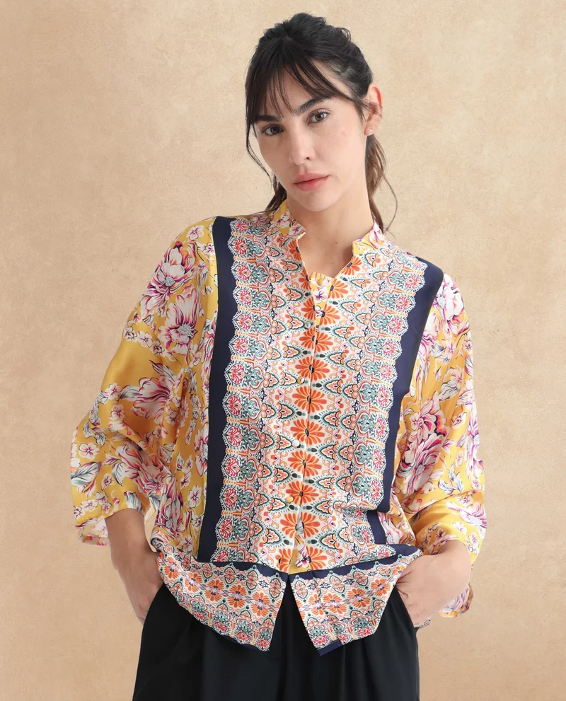 Rareism Rareism Women Falke Yellow Polyester Fabric 3/4Th Sleeves Button Closure Mandarin Collar Kimono Sleeve Regular Fit Floral Print Knee Top