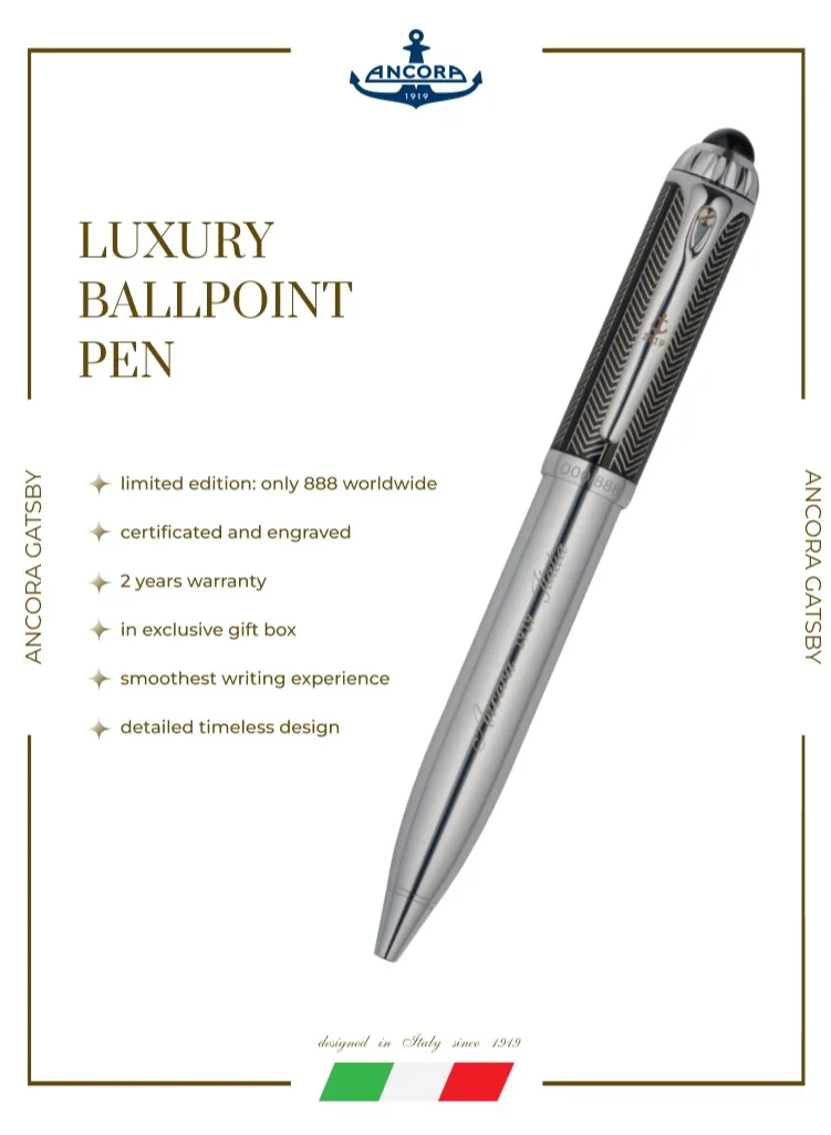 Ancora 1919 Gatsby Limited 888 Edition Refillable Ballpoint Pen - Engraved Luxury Pen with Leather Box & Certificate - Gift for Men & Women - Blue Ink