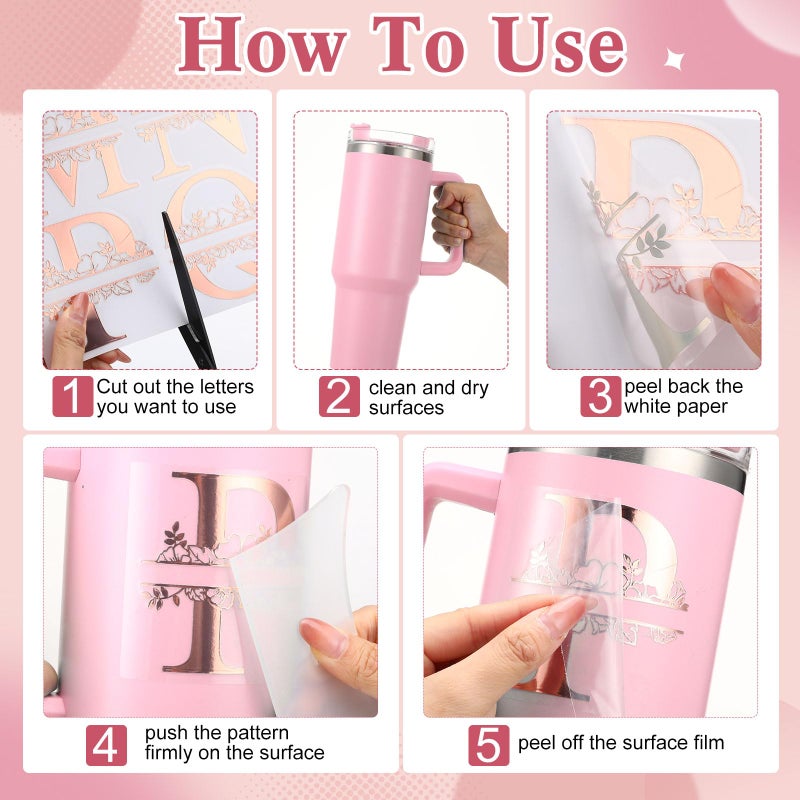 Janlaugh 10 Sheets Waterproof Split Letter Stickers Personalized Name Stickers for 30 40 oz Tumbler Water Bottle Floral Monogram UV DTF Cup Wraps Alphabet Letter Decals for Glass Cup Laptop(Rose Gold) - Image 3