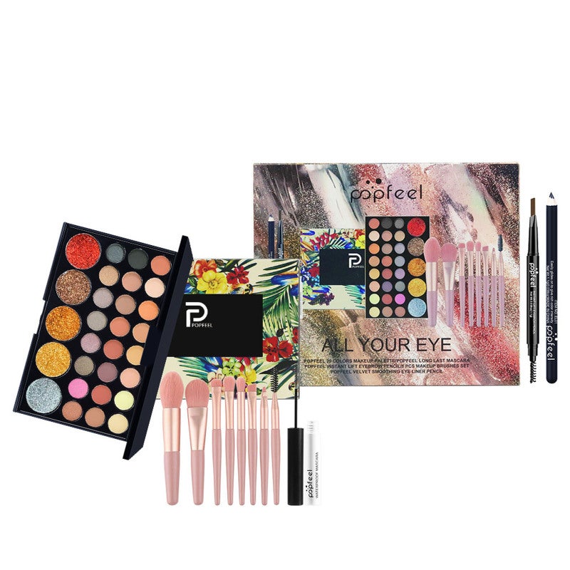 popfeel All-In-One Eye Makeup Kit 16 Colors Compact Eyeshadow Palette With Blending Brushes Waterproof Eyeliner Mascara - Long-Lasting Portable Essentials Set for Beginners Travel - Image 1