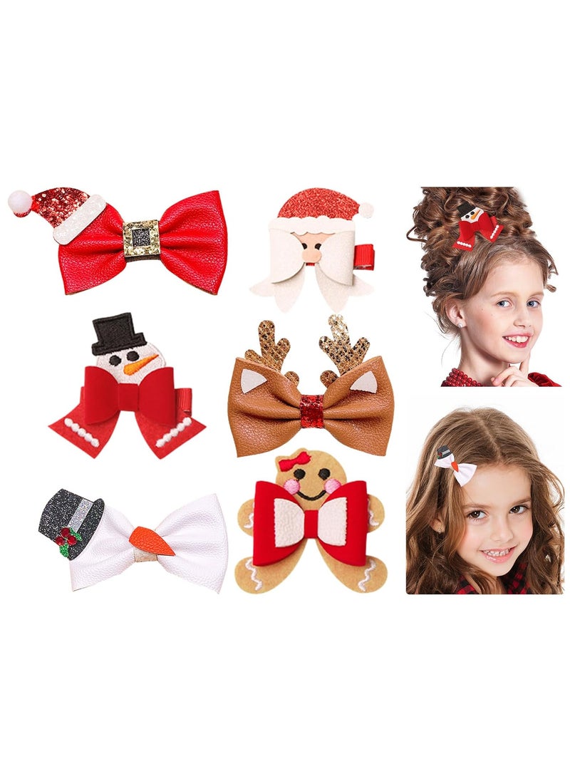 Whaline Whaline 6Pcs Christmas Hair Bow Clips Cartoon Xmas Design PU Bow Hair Pins Santa Reindeer Gingerbread Man Hair Barrettes Cute Holiday Party Hair Accessories 