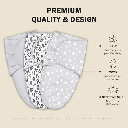 Cute Castle 3-Pack Baby Swaddle Sleep Sacks - Newborn Swaddle Sack - Ergonomic Baby Swaddles Blanket Warp for Boys and Girls - Baby Essentials (0-3 Months - Gray, Letters, Stars) - Image 2