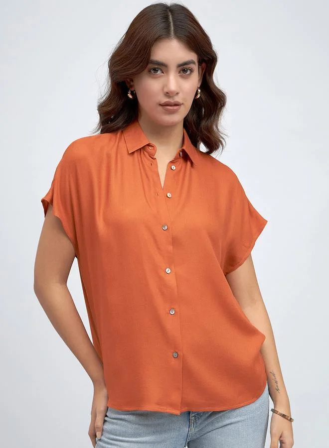 دينيس لينغو قميص نسائي مريح بلون الصدأ - فيسكوز موس، سادة، نصف كم، كاجوال