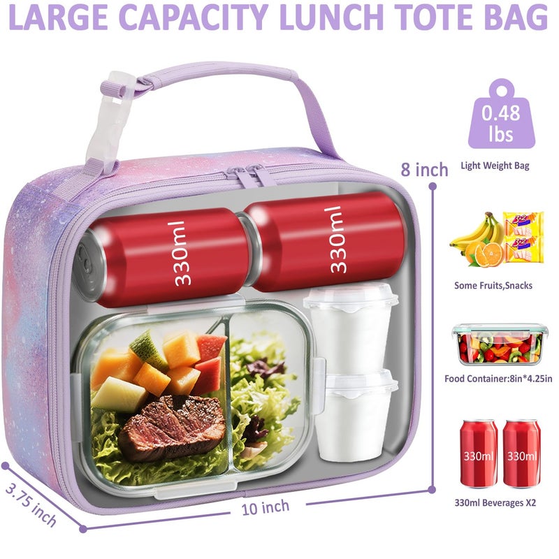 Tenot Lunch Box Kids Insulated Lunch Bag for Boys Girls Cute Reusable Lunch Tote Bag Waterproof Portable Thermal Lunch Box Kids for School Picnic Travel Light Purple Starry Sky - Image 3