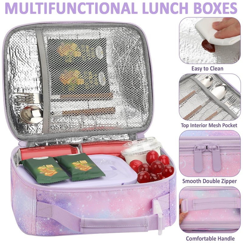 Tenot Lunch Box Kids Insulated Lunch Bag for Boys Girls Cute Reusable Lunch Tote Bag Waterproof Portable Thermal Lunch Box Kids for School Picnic Travel Light Purple Starry Sky - Image 4