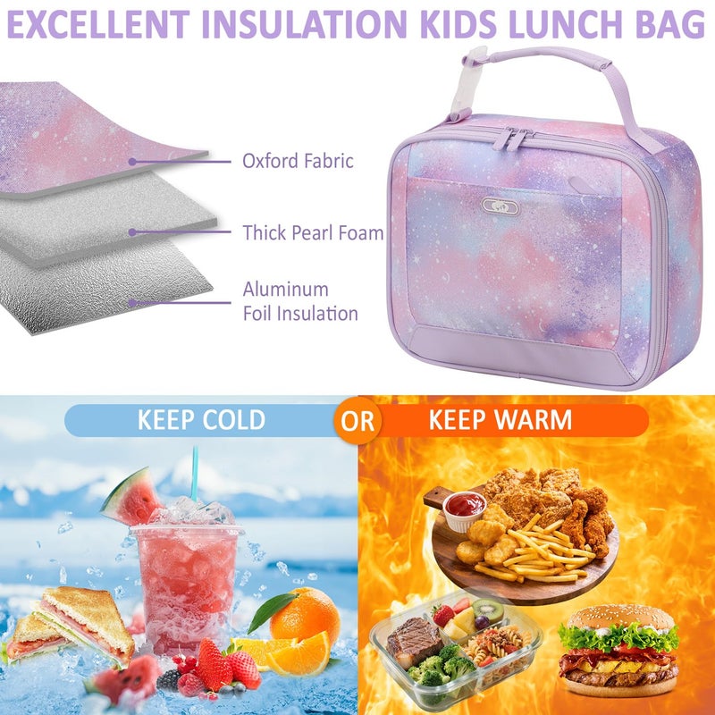Tenot Lunch Box Kids Insulated Lunch Bag for Boys Girls Cute Reusable Lunch Tote Bag Waterproof Portable Thermal Lunch Box Kids for School Picnic Travel Light Purple Starry Sky - Image 2