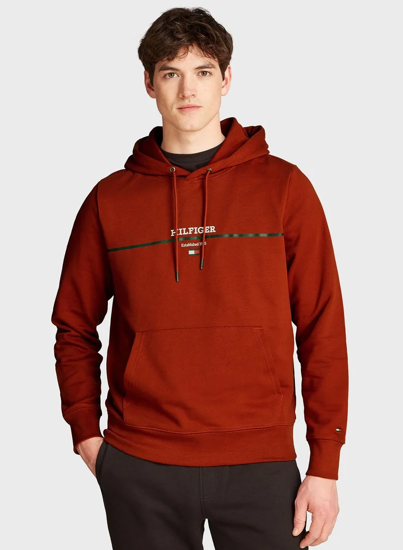 TOMMY HILFIGER Logo Striped Terry Drawstring Hoodie