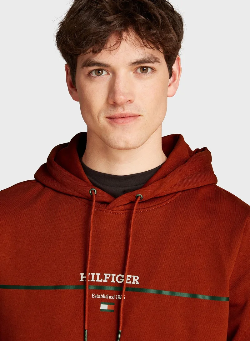 TOMMY HILFIGER Logo Striped Terry Drawstring Hoodie