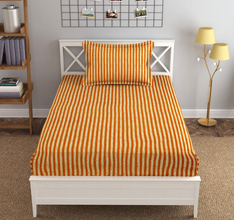 Nirwana decor Fitzy 280 TC Fitted bedsheet Single Size, Elastic bedsheet,36x78 inches + 10 inches Drop, with 1 Pillow Cover (D Stripes Camel, 36" x 78") - Image 1