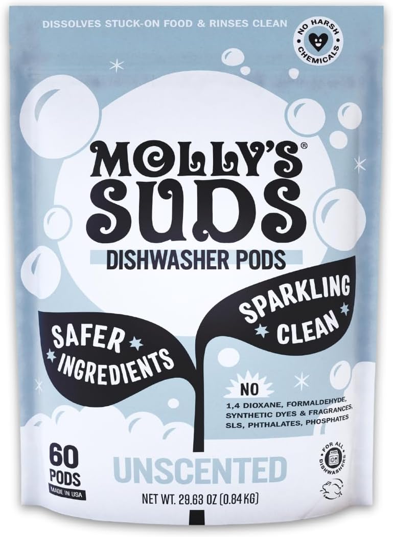 MOLLY'S SUDS كبسولات غسالة الصحون من مولي سودز منظف غسالة الصحون يقطع الدهون ويشطف بقايا نظيفة خالية من الرواسب لأطباق لامعة 60 كبسولة ذات إطلاق تلقائي غير معطرة