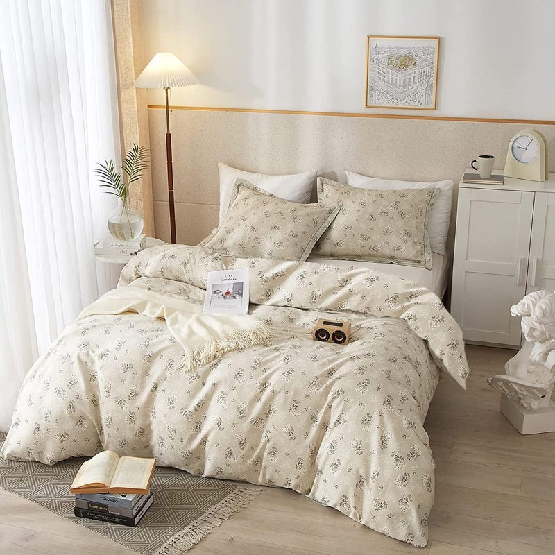 LifeTB Vintage Boho Floral Comforter Set Queen - Soft Fluffy Beige Bedding With 2 Pillowcases, Garden Style Flower Botanical for All Seasons - Image 2
