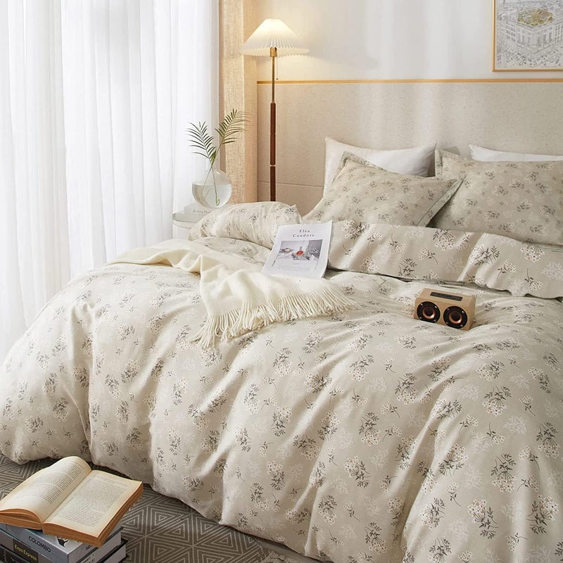 LifeTB Vintage Boho Floral Comforter Set Queen - Soft Fluffy Beige Bedding With 2 Pillowcases, Garden Style Flower Botanical for All Seasons - Image 4