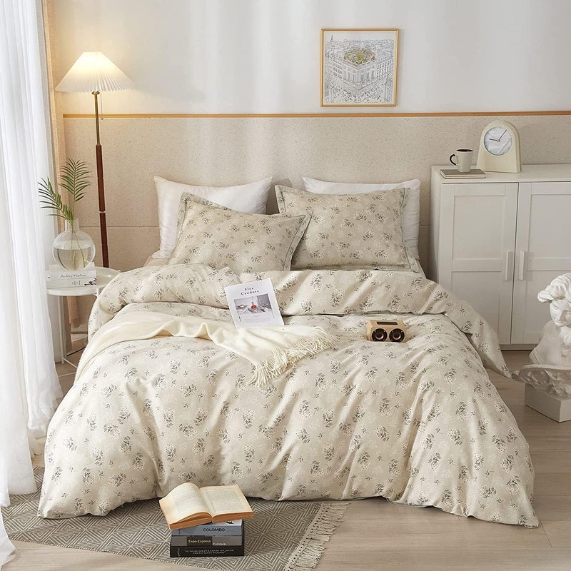 LifeTB Vintage Boho Floral Comforter Set Queen - Soft Fluffy Beige Bedding With 2 Pillowcases, Garden Style Flower Botanical for All Seasons - Image 1