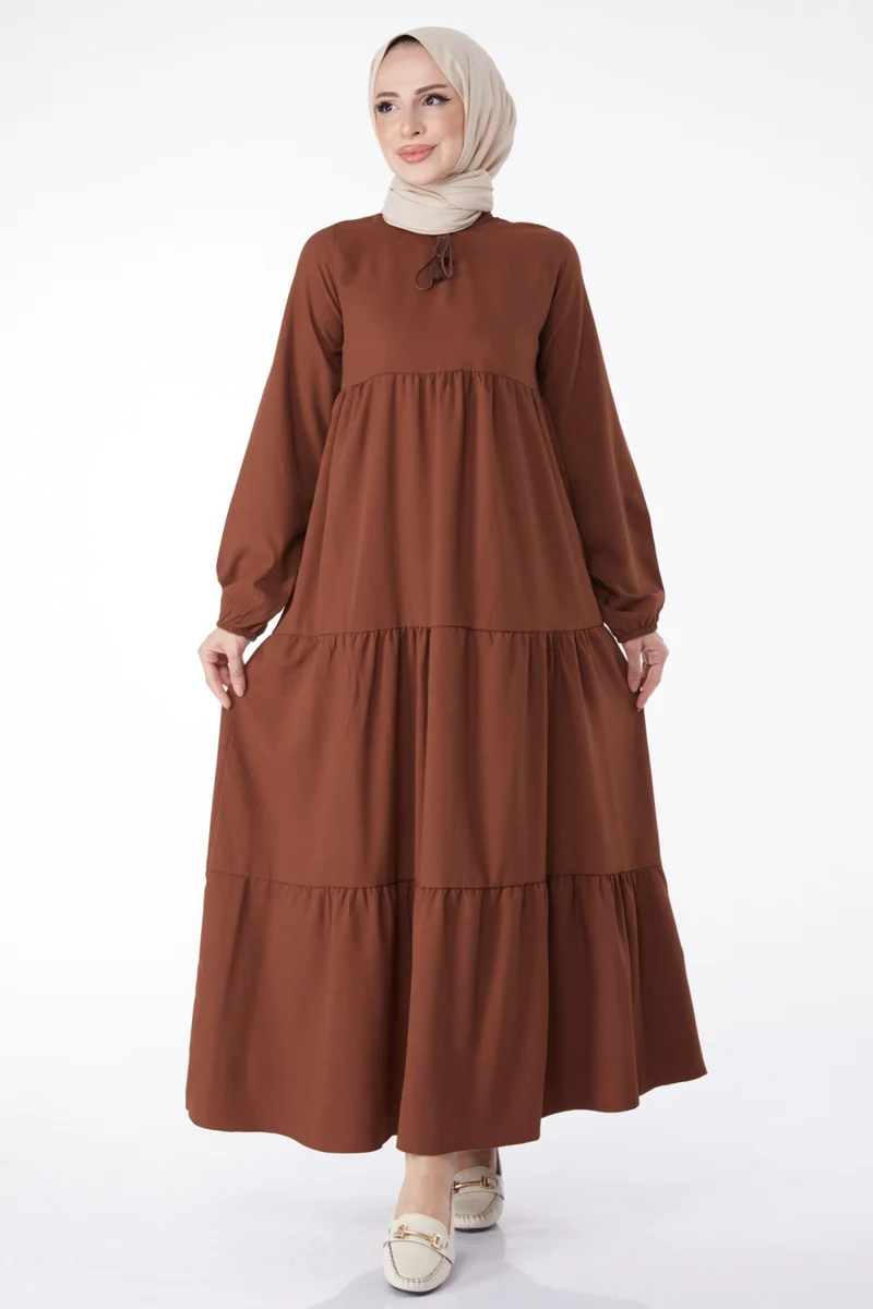 Tofisa Plain Judge Collar Women's Brown Gathered Lace Detail Dress - 13145