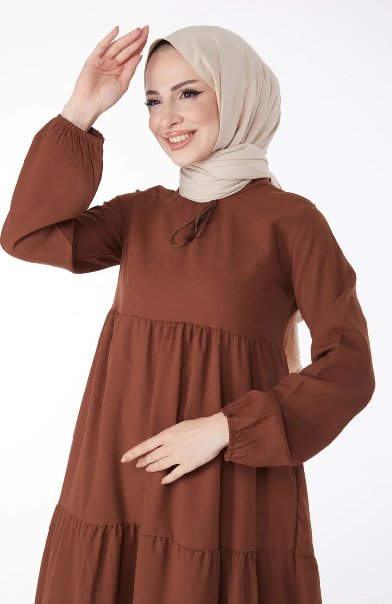Tofisa Plain Judge Collar Women's Brown Gathered Lace Detail Dress - 13145