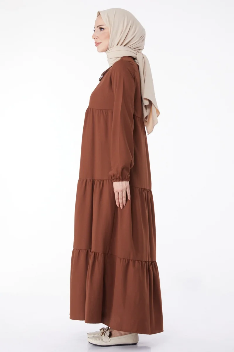 Tofisa Plain Judge Collar Women's Brown Gathered Lace Detail Dress - 13145
